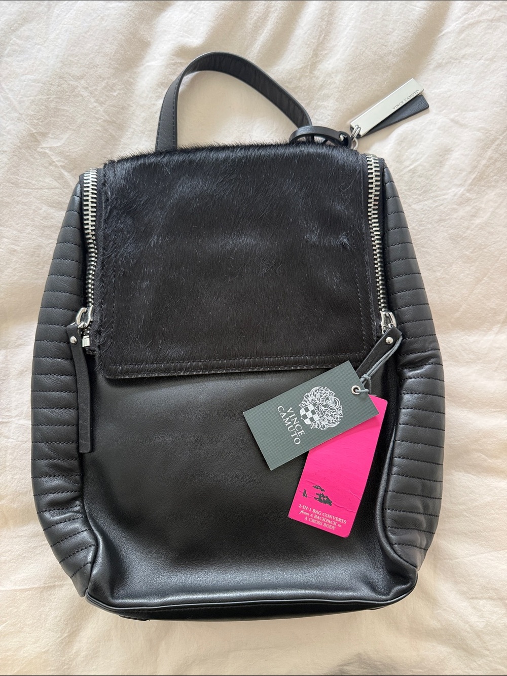 Vince Camuto Black Leather Backpack with Haircalf Flap